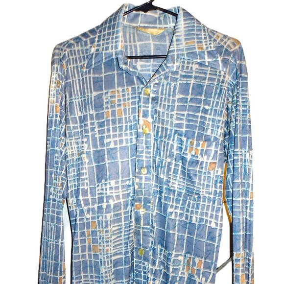 Vintage Mr. Longfellow Blue Tan Nylon Shirt S/M - Picture 1 of 5
